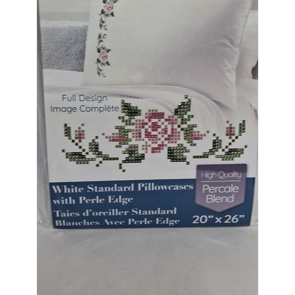 2 pk Leisure Arts Stamped Cross Stitch Pillowcases 20"x26" Cottage Rose White - Picture 3 of 7